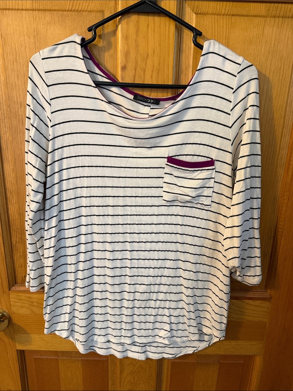 Stitch-fix Papermoon White Striped 3/4 Sleeve Top with Magenta Trim